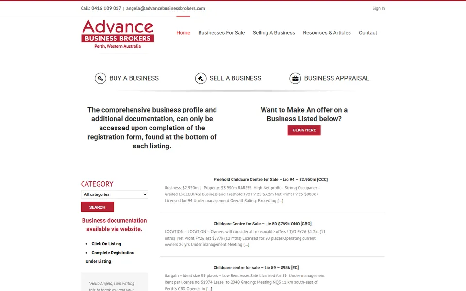 Advance Business Brokers website homepage screenshot