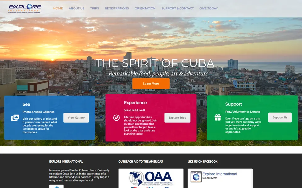 Explore International website homepage screenshot