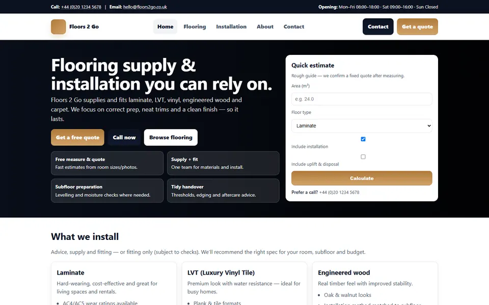 Floors2Go website homepage screenshot