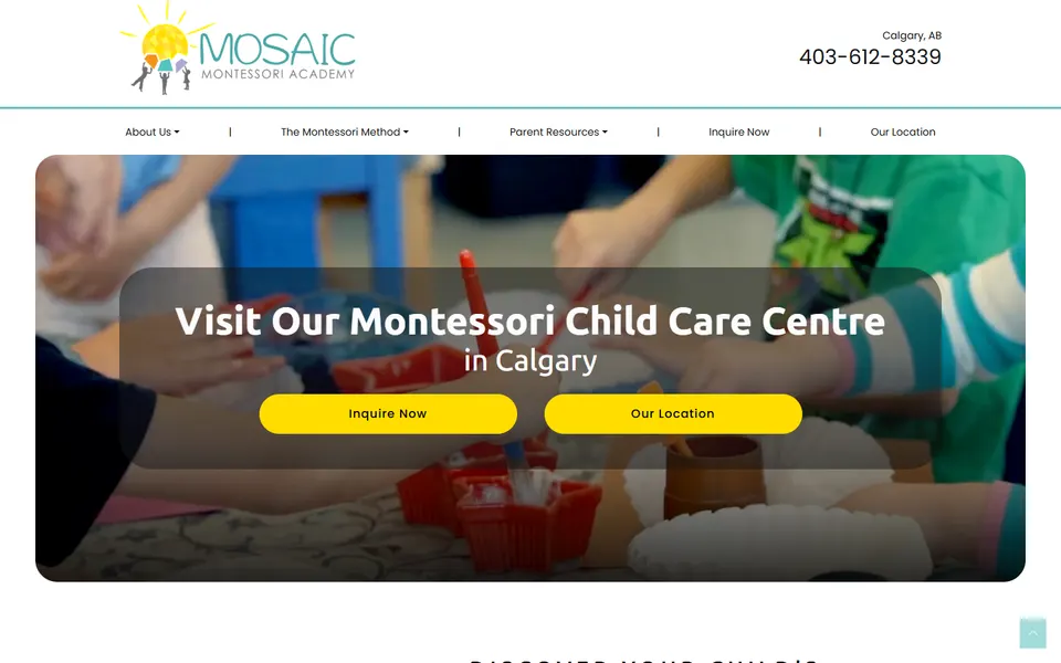 Mosaic Montessori website homepage screenshot